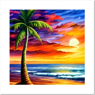 Sunset Palm Seaside Tropical Landscape Posters and Art